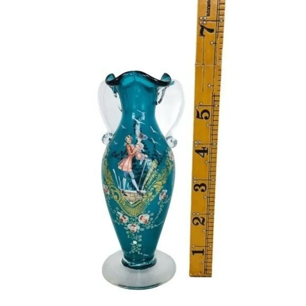 1900s Victorian Hand Painted Teal Gold Leaf Floral Blown Glass Ruffle Vase